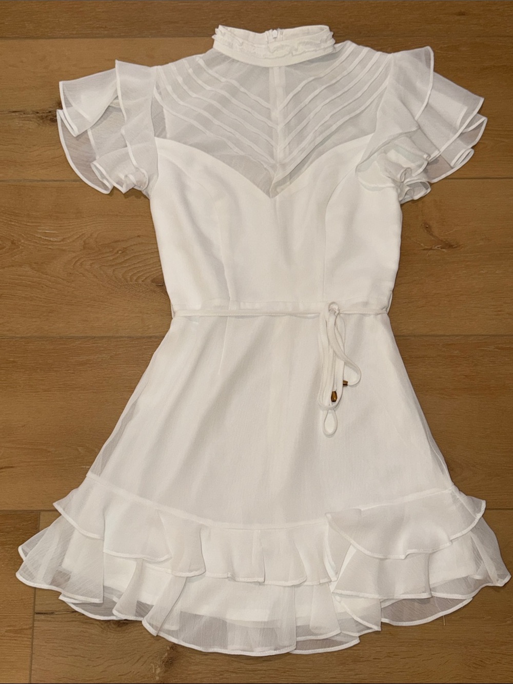 saints + secrets white high neck ruffle mini dress bridal rush engagement